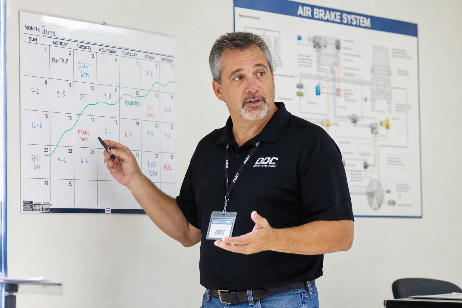 Instructor beside a wall calendar with road trip planning markers in a training room