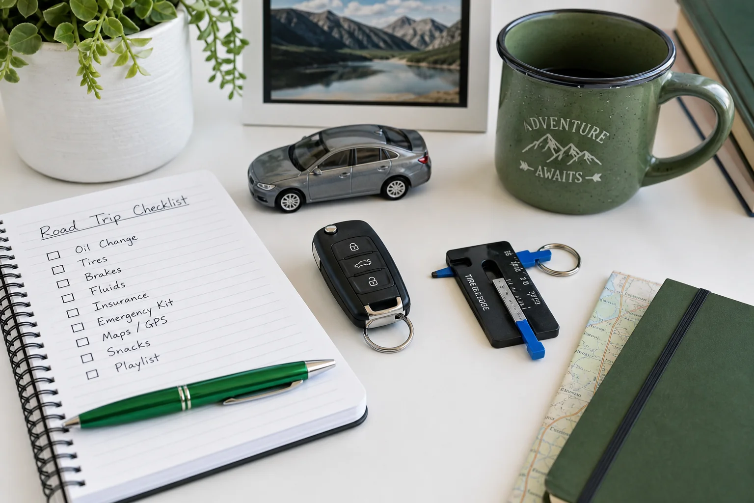 Desk with notebook, car model, and tire tread depth tool for travel preparation