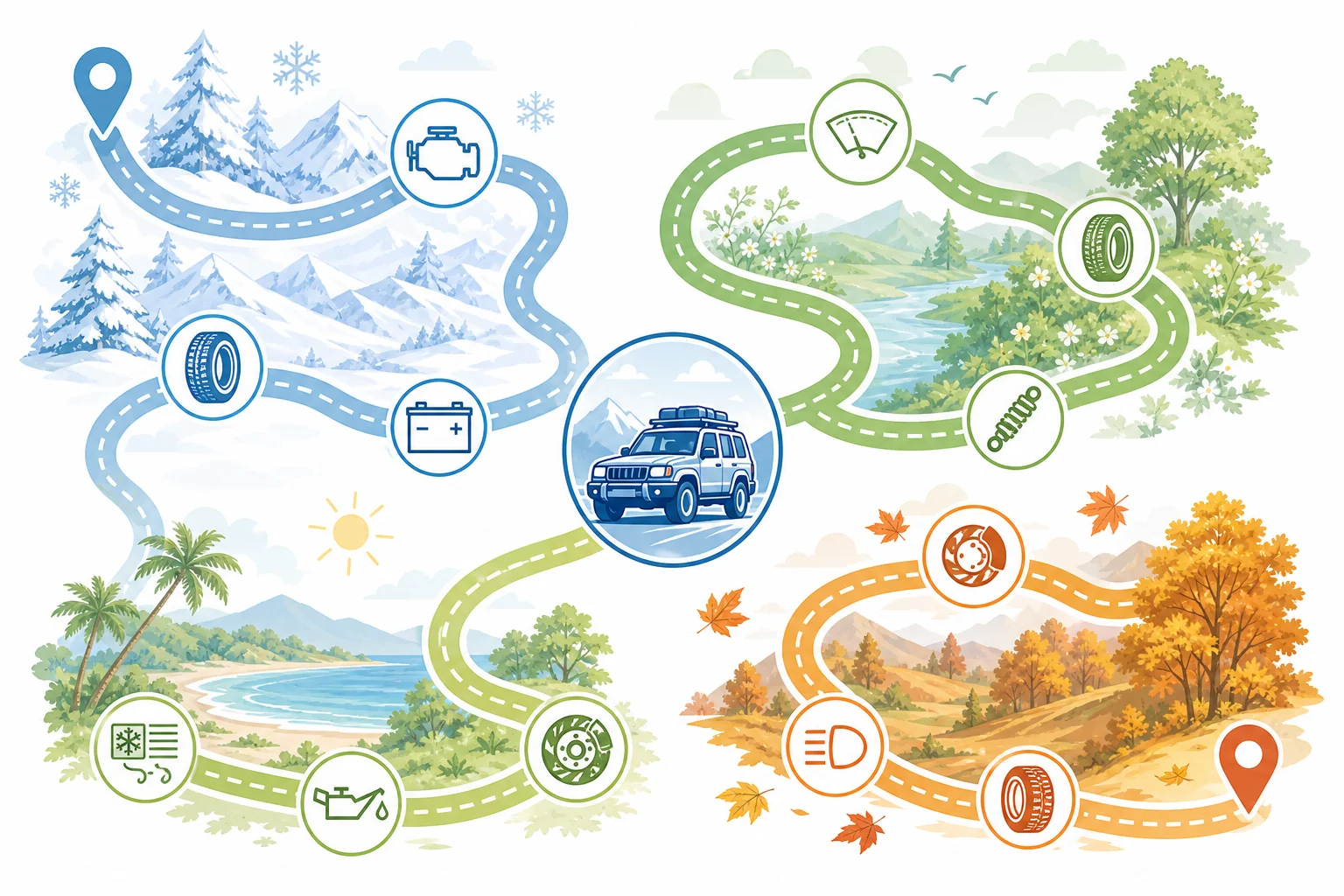 Abstract road trip route map with vehicle system icons