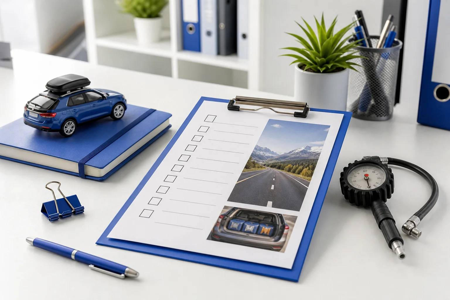 Bright office desk with road trip car preparation checklist materials