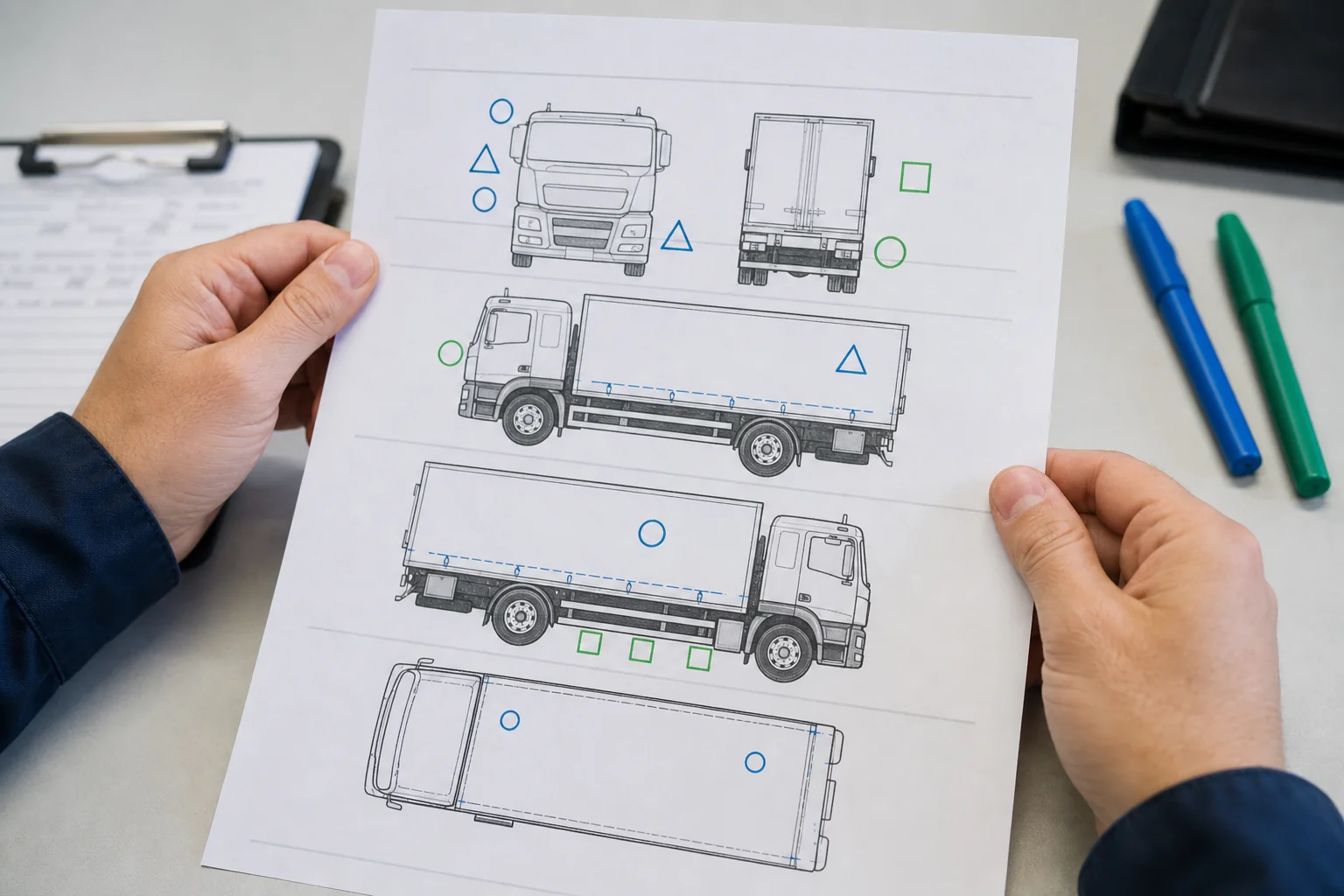 Hands holding an abstract pre-trip vehicle inspection diagram
