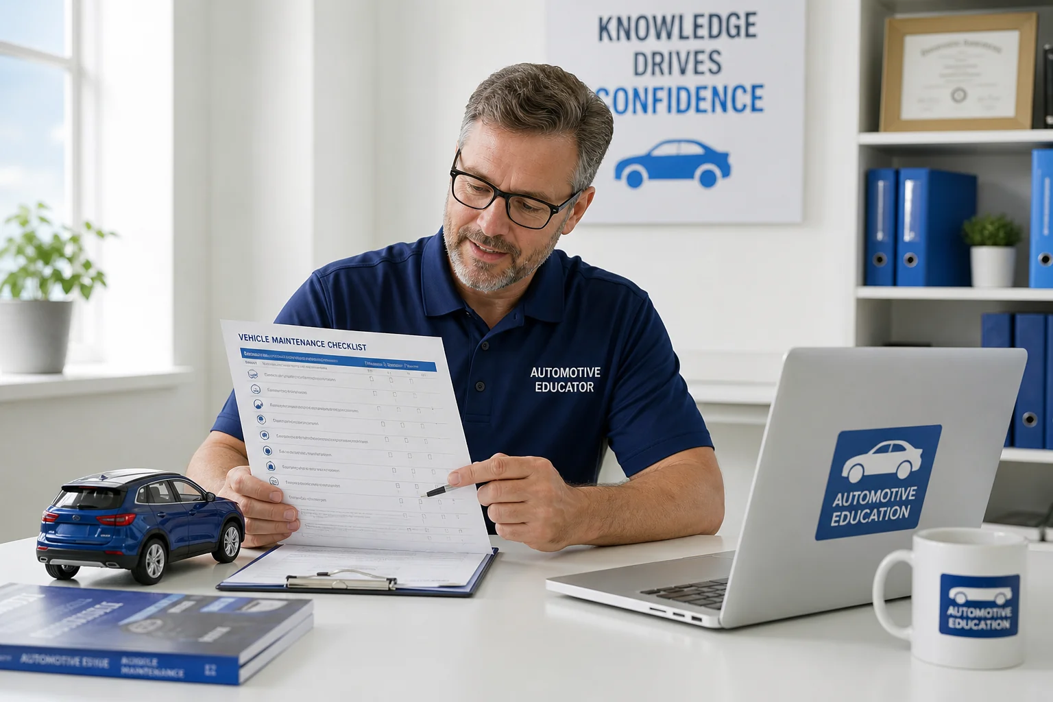 Automotive educator reviewing engine maintenance documents at a bright desk