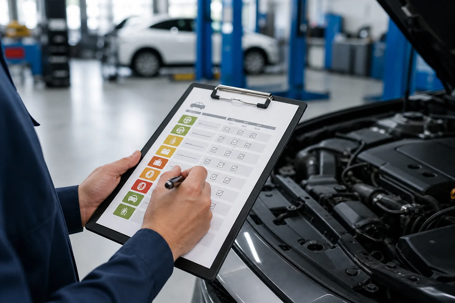Multipoint vehicle inspection checklist on clipboard beside a car hood in a bright service bay